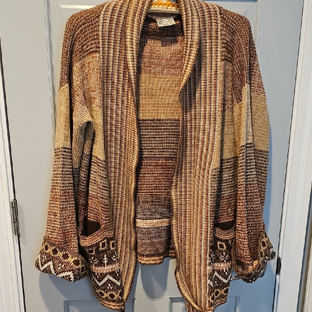 KMART 90s Bohemian Cardigan Oversized Brown Tan Large Woman Aztec Pattern